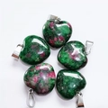 Set of five 15mm ruby zoisite heart pendants with metal clasps on white background - Ruby Zoisite