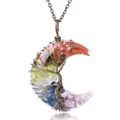 Handcrafted silver crescent moon necklace with colorful resin stones and tree of life wrap - 7 Chakras Pendant-Bronze Chain