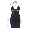 Detailed close-up of black lace patchwork and pleated slim fit halter dress details - S / Black