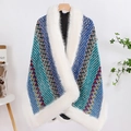 Women's blue wave pattern knitted shawl with luxurious white faux fur collar trim - Retro Peacock Blue / 140cm