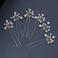 Set of 6 bridal hair pins with white pearls and silver wire in U-shape design - HS-J6334 6Pcs Silver Multi-Head Pearl Hair Pin Set