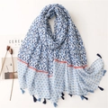 Sky blue cotton linen feel scarf with heart patterns, wave textures and fringe tassels - Blue & White Wave Heart (SL2210-012)
