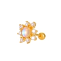 Gold sunflower ear stud with iridescent opal and white zircon, screw back detail - Flower (K-350)