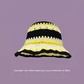 Handmade striped crochet bucket hat in black yellow and white wool with floral knit texture - M (56-58cm) / Contrast Knit Black Yellow