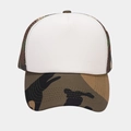 Detailed view of camo mesh trucker hat with white front panel and reinforced stitching - White with Camouflage Brim