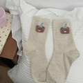 Beige crew socks with colorful flecks and a plush cartoon bear on a soft background - One Size / Off-white Bear
