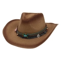 Ethnic western cowboy straw hat with turquoise bead decoration and woven fringe band - Khaki Brown (Ethnic Style)