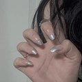 Minimalist silver French press-on nails in coffin shape with metallic finish tips - Silver French Mirror Style (JP1098)