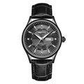 Men's black quartz watch with crocodile leather strap and diamond markers dial - Black Case Silver Studs Black Leather Strap
