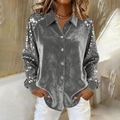 Women's dark grey velvet shirt featuring sequined sleeves and button-down collar - Gray