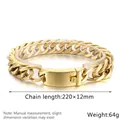 Polished 12mm golden titanium steel cuban link bracelet for men with fold-over clasp - 12mm Gold (KB179891-KJX)