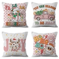 Set of four retro Christmas pillow covers with pink snowy truck and snowman patterns - Pink Orange Retro