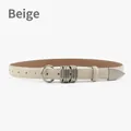 Women's minimalist beige leather belt with unique five-ring metal buckle and silver tip - Beige