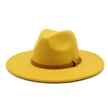 Detail of yellow wool fedora hat featuring a brown faux leather embossed band with buckle - M (56-58cm) / Yellow