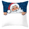 Close-up of a festive Christmas pillowcase with Santa Claus and snowflakes on blue fabric - Dark Blue Santa Background