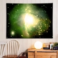 Green nebula starry galaxy tapestry hanging on a white wall in a cozy bedroom setting - Green Universe Nebula