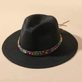 Cappello di paglia nero stile boho con fascia di perline colorate e tesa larga - M (56-58cm) / Nero
