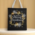 Detail of black Christmas canvas handbag with golden snowflake print and Merry Christmas text - Style 57