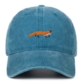 Close-up of vibrant fox embroidery on a vintage washed navy blue cotton baseball cap - Lake Blue
