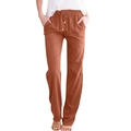 Women's cotton linen loose drawstring wide leg casual trousers in caramel color - S / Orange Red
