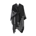 Women stripe knit cape shawl with grey color-blocking and buckle closure detail - Herringbone-Black
