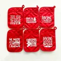 6-piece red Christmas pot holder set with white festive prints and quilted texture - 6-Piece Set