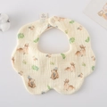 Beige 6-layer cotton baby bib with forest deer and bear pattern and white snap button - Gauze Flower Scarf - Sika Deer