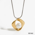 Geometric 316L stainless steel pendant necklace with white pearl in golden finish - Two-tone Gold and Silver Necklace (SD1562)