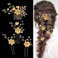 Detail of yellow floral bridal hair piece set with golden leaves and pearls for hair styling - Four-Piece Set / Yellow