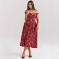 Schulterfreies A-Linien-Kleid in dunkelroter Spitze mit figurbetonter, schmaler Taille - S / Dunkelrot