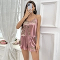 Pink satin floral pajama set with V-neck camisole top and ruffled hem shorts - Pink Cherry