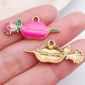 DIY charm accessory with golden lips and pink rose enamel pendant for jewelry - Pink Lips Biting Rose (21189)