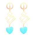 Détail de boucles d'oreilles dorées géométriques avec pendentifs cœur en turquoise bleue - Pendentif Losange Or (219)
