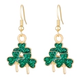 Pendientes de trébol verde brillante para San Patricio con ganchos dorados elegantes - Trébol de Purpurina Verde Colgante (K-256)