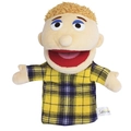 Family hand puppet toy featuring a blond male character in a blue and yellow plaid shirt - Half Body Son