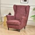 Elastic wingback chair cover in wine red fabric with black geometric pattern textures - Linen Red