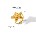 Adjustable 18K gold-plated stainless steel star ring with a vertical textured surface - Gold Textured Star Open Ring (YYR023269)