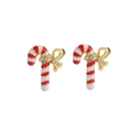 Detail of Christmas candy cane earrings with red stripes, gold bows, and white rhinestones - A138-16 Red White Candy Cane