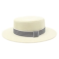 Detail of flat top straw hat with textured weave and striped grosgrain ribbon trim - M (56-58cm) / Cream
