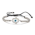 Silver Hamsa Hand bracelet with blue Evil Eye charm on adjustable black braided rope - Silver