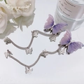 Elegant purple butterfly hair clips with silver chain tassels and hanging butterfly charms - Gauze Rhinestone Tassel / Purple