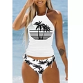 White halter neck bikini set with black palm tree print and drawstring details - S / Fig 5 (White & Black Palm Print)