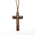Detailed close-up of a rustic wooden and bronze metal double-layer cross pendant - Double Layer Cross / Coffee