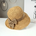 Khaki straw sun hat featuring a delicate dark brown bow and intricate crochet pattern - M / Hemp Knot Small Pineapple-Khaki