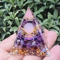 Handheld Orgone pyramid with purple amethyst crystals and gold foil for home decor - Pink Ball Spiral / Small