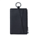 Slim black lychee leather coin purse and card holder with metal ring and side zipper - Black