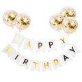 Golden Happy Birthday banner set with five matching gold confetti balloons for party decor - Gold Confetti Balloons + White Hot Stamping Birthday Set
