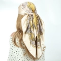 Beige paisley satin headscarf with gold and grey floral patterns for bohemian style - Beige Paisley