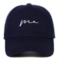 Detailed view of navy blue cotton baseball cap with white 'me' letter embroidery - Adjustable / Navy Blue