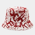 Macro detail of graffiti print pattern on white reversible cotton bucket hat - Red Graffiti on White Background (Color #10)
